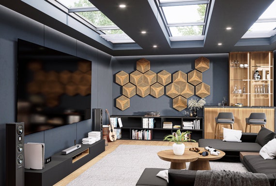 Oak Hexagon Acoustic Panel, Class A Sound Absorption, Studio Decor