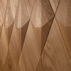 May include: Close-up of a wooden wall panel with a repeating diamond pattern. The panels are made of light brown wood, with visible grain and texture. The geometric design creates a three-dimensional effect, adding depth and visual interest to the surface.