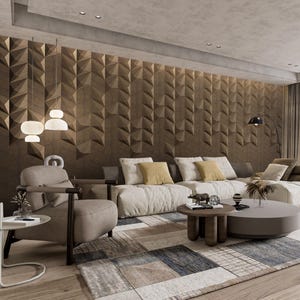 May include: A modern living room with a large sectional sofa, a patterned rug, and a coffee table. The wall behind the sofa features a textured, geometric design in shades of brown. Overhead, pendant lights illuminate the space.