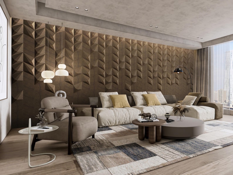 May include: A modern living room with a large sectional sofa, a patterned rug, and a coffee table. The wall behind the sofa features a textured, geometric design in shades of brown. Overhead, pendant lights illuminate the space.