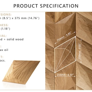 May include: Wooden wall panel with a geometric design. Dimensions are 8.5" x 14.76", thickness is 1.18". Made of plywood and solid wood, finished with hard wax oil. Weight is 800 g/pcs. The product specification is displayed in the image.