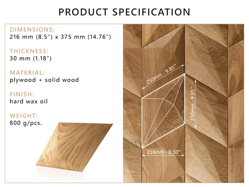 May include: Wooden wall panel with a geometric design. Dimensions are 8.5" x 14.76", thickness is 1.18". Made of plywood and solid wood, finished with hard wax oil. Weight is 800 g/pcs. The product specification is displayed in the image.
