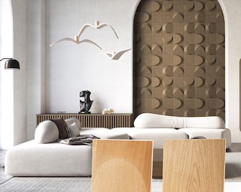 3D Wood Wall Panels, Arch Square Tiles, Japandi Wall Decor, Organic Modern Art, Curved Relief Texture