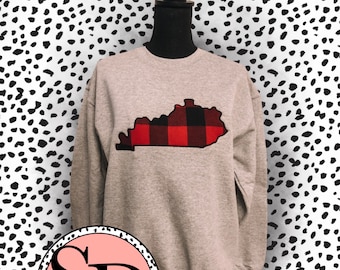 Pull Kentucky KY Outline à carreaux rouge et noir avec appliqués brodés