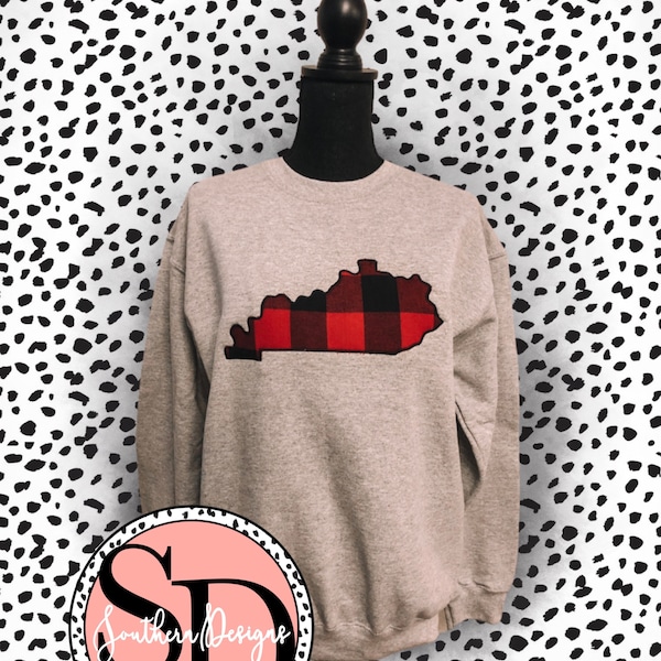 Kentucky KY Outline Red Black Plaid Embroidered Appliqué Pullover