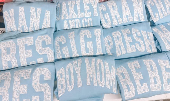 CUSTOM Embroidered Applique Light Blue Grand Millennial sweatshirt. Mama blue floral sweatshirt embroidery, Any name, Blue chinoiserie shirt
