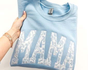 Mama Embroidered Applique Light Blue Grand Millinial sweatshirt. Mama blue floral sweatshirt embroidery