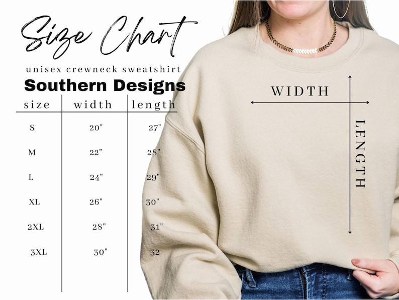 May include: Size chart for a unisex crewneck sweatshirt. The chart shows the width and length measurements in inches for sizes S, M, L, XL, 2XL, and 3XL.