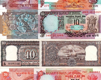 1970-2010 Lot Republik Indien Alle verschiedenen Banknoten Rs 5 + 10 + 20 + 50 Rupien UNC Alte Vintage Original Währung Banknoten Seltenes Sammlungsset