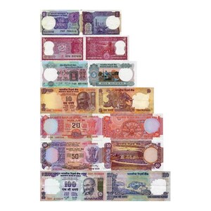 1970-90s Republik Indien Lot 7 Stück Rs 1 + 2 + 5 + 10 + 20 + 50 + 100 Rupien Alte Original Währung Banknoten UNC Notes Rare Set
