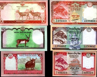 Lote raro de 3 billetes originales de Nepal (5, 10 y 20 rupias, sin circular)