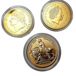 Set di 2 monete gettone ristampate placcate in oro 24kt da 1 oz di Re Giorgio 1V + Regina Elisabetta II + Vittoria Gran Bretagna