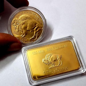 USA Liberty Indian Head + American Buffalo 100 Mills 1Oz 24kt Gold plated Restrike Coin and Bullion Bar