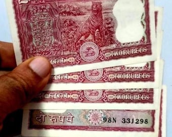 1970-80 India 2 Rupees Tiger Banknotes Rare Old Vintage UNC Currency Lot of 5