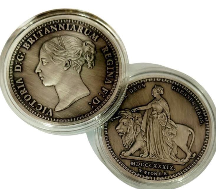 1853 Queen Victoria Gothic Florin Crown British UK 1oz Antique