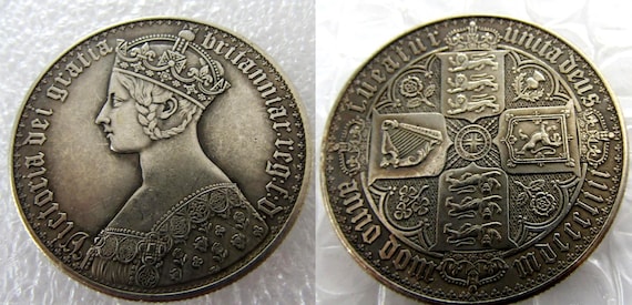 1853 Queen Victoria Gothic Florin Crown British UK 1oz Antique