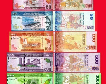スリランカの20+50+100+500+1000ルピー紙幣5枚セット（未使用品