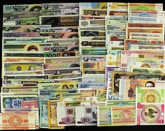 Lot 50 Stück alle verschiedenen Asien, Afrika, Europa, Original-Fremdwährungsbanknoten, UNC-Banknoten, seltenes Set-Bundle aus mindestens 25 Ländern