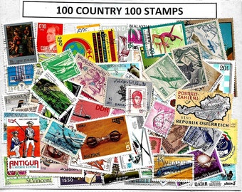 May include: A collection of 100 postage stamps from various countries, featuring diverse imagery including maps, portraits, landscapes, and cultural symbols. The stamps are arranged in a collage with the text 100 COUNTRY 100 STAMPS at the top.
