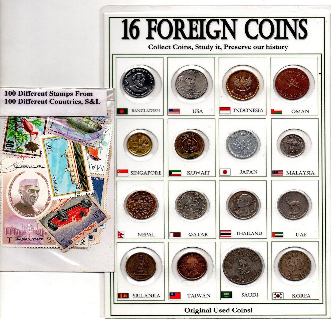 16 Pcs Different Foreign World Coins + 100 Different Countries