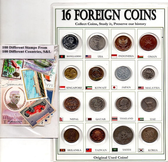 16 Different Foreign World Coins + 25 Countries Stamps Rare