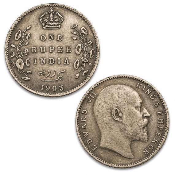 1907 英領インド 1ルピー銀貨 エドワード7世 アンティーク 美麗トーン イギリス領インド 1ルピー エドワード7世クラウン アンティーク
