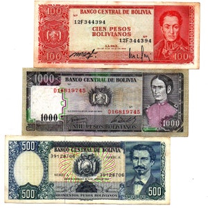 1960-80 Bolivia 3 Different 100, 500, 1000 Pesos Notes Old Vintage Latin America Foreign Currency Original Banknotes Rare set lot