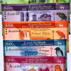 Lote de 5 billetes de rupias de Sri Lanka de 20, 50, 100, 500 y 1000 rupias, sin circular, en moneda extranjera. Raros.