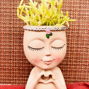 Succulent Plant on a Unique Cute Face with Heart Hand Gesture Planter