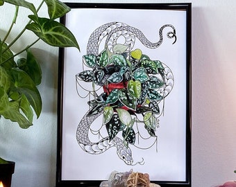 Monstera Snake Print, Plant Artwork, Monstera Artwork, Snake Artwork, dark art, gothic decor