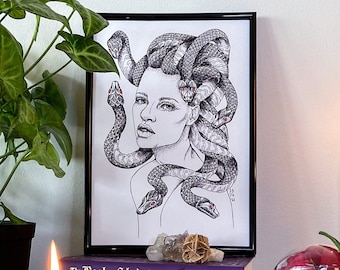 Medusa Art Print, Mythical Creature, Medusa Head, Snakes art, gothic ART PRINT, dark art, gothic decor, greek, mythology, witchy occult art