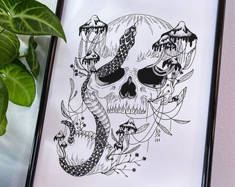 Menschlicher Schädel Kunstwerk, Pilze Kunstdruck, Schädel und Pilze Kunst, gruselige gruselige Tinte Illustration, Halloween Wandkunst, Gothic Dekor