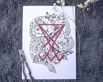 Pieczęć Lucyfera, Węże i Róże, wydruk artystyczny, gotycki wydruk artystyczny, mroczna sztuka, gotycki wystrój, satanistyczna, demoniczna, czarownicza sztuka okultystyczna