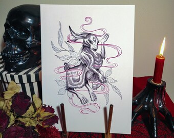 Hase, Hase, Chinesisches Sternzeichen, Horoskop, Kunstdruck, Tuschezeichnung, Gothic, Dark Art, Okkult, Gruselig, Kunstwerk, Witchy Decor