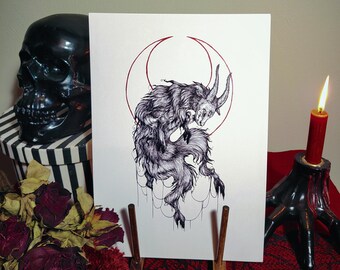 Ziege & Halbmond, Kunstdruck, Tuschezeichnung, Gothic, Dark Art, Okkulte Kunst, Gruselig, Kunstwerk, Witchy Decor
