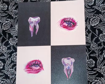 Augen und Zähne, Kunstdruck, Tuschezeichnung, Gothic, Dark Art, Okkulte Kunst, Gruselig, Kunstwerk, Witchy
