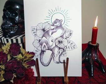 Ratte, Maus, Chinesisches Sternzeichen, Horoskop, Kunstdruck, Tuschezeichnung, Gothic, Dark Art, Okkult, Gruselig, Kunstwerk, Witchy