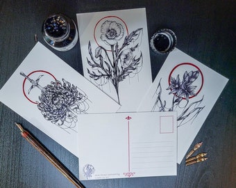 Dunkle Blumen, Postkarten, Gothic, Dunkel, Moody, Floral, Grußkarte, Mohnblume, Chrysantheme, Asphodel, Botanische, Wandkunst, Set, Briefpapier