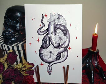 Schlange, Chinesisches Sternzeichen, Horoskop, Kunstdruck, Tuschezeichnung, Gothic, Dark Art, Okkult, Gruselig, Kunstwerk, Witchy