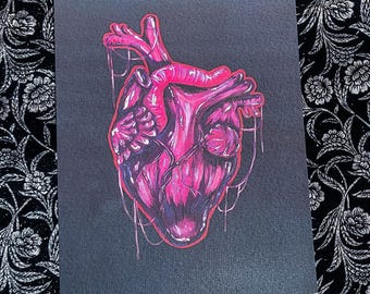 Coração Humano Magenta, Impressão Artística, Desenho a Tinta, Gótico, Arte Sombria, Arte Oculta, Assustador, Obra de Arte, Decoração Bruxa