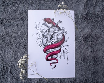 Herz mit Schlangen, gothic ART PRINT, dunkle Kunst, gothic Dekor, satanische okkulte Kunst, gothic Wandkunst, menschliches Herz, Schlangenkunst, Liebe, Schlange
