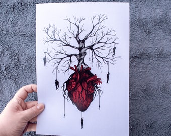 Baum des Todes Art Print, dunkle Kunst, menschliches Herz, die Gehängte Tarot Karte, okkulte Witchy Wanddekoration, anatomisches menschliches Herz Poster