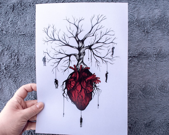 Tree of Death Art Print, Dark Art, Human Heart, The Hanged Man Tarot Card, Occult Witchy Wall Decor, Anatomical Human Heart Poster
