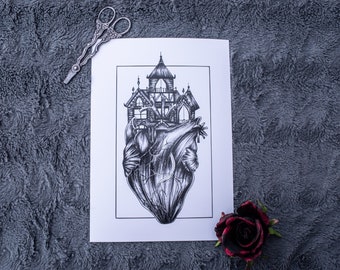 Zuhause ist wo das Herz ist, herzförmiges gotisches Haus Kunstdruck, Goth Dekor, Wand Dekor, menschliches Herz, anatomisches Herz, Biologie Poster