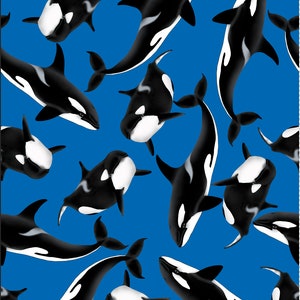 Whale Orca printed fabric. Recycled Spandex 4 way stretch fabric printed in the UK. ECO Friendly and certified Recycled Fabric