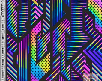 Geo Disco Festival printed fabric Recycled Spandex 4 way stretch fabric printed in the UK ECO Friendly & certified Recycled Fabric