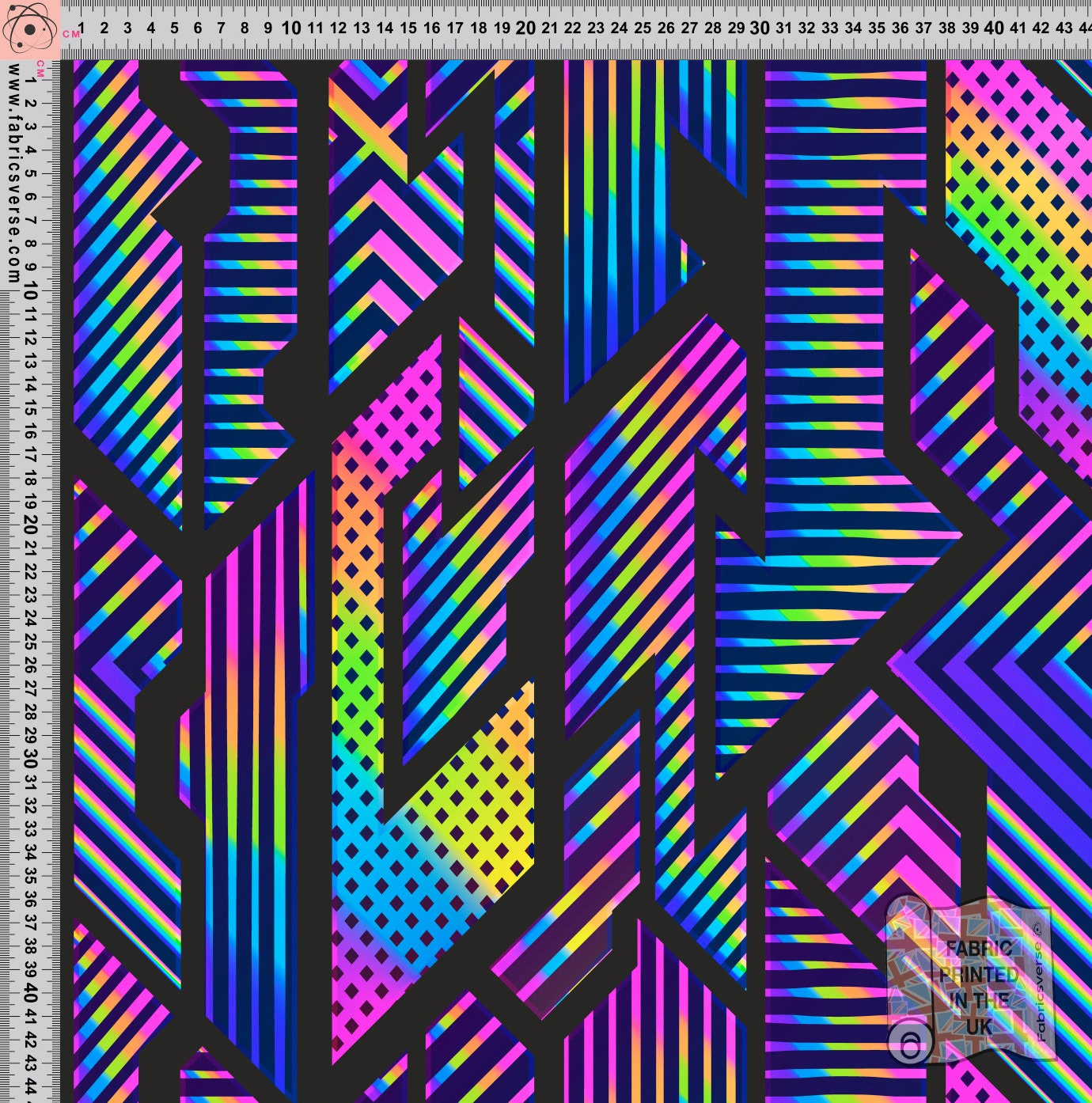 Geo Disco Festival printed fabric Recycled Spandex 4 way stretch fabric printed in the UK ECO Friendly & certified Recycled Fabric
