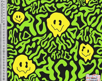 Melt smiley face festival printed fabric Recycled Spandex 4 way stretch fabric printed in the UK. ECO Friendly & certified Recycled Fabric