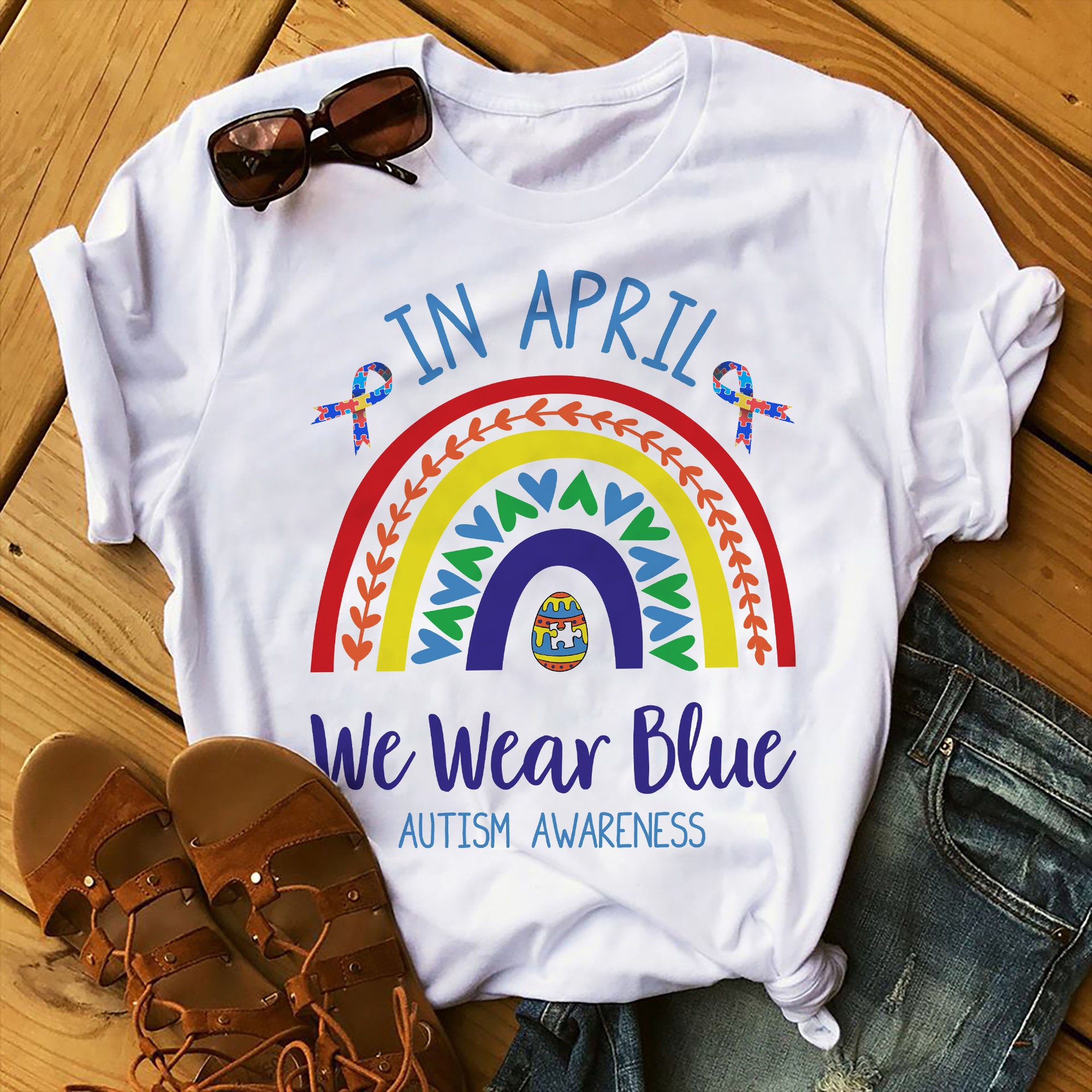 In April We Wear Blue ShirtAutism Awareness Rainbow | Etsy