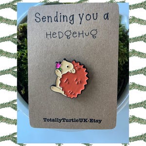 Puede incluir: Una tarjeta marrón con el texto "Sending you a Hedgehog Hug" y un pequeño pin de esmalte de un erizo con una flor rosa en la boca. El pin está sobre un fondo blanco. La tarjeta también tiene el texto "TotallyTurtleUK-Etsy" en la parte inferior.